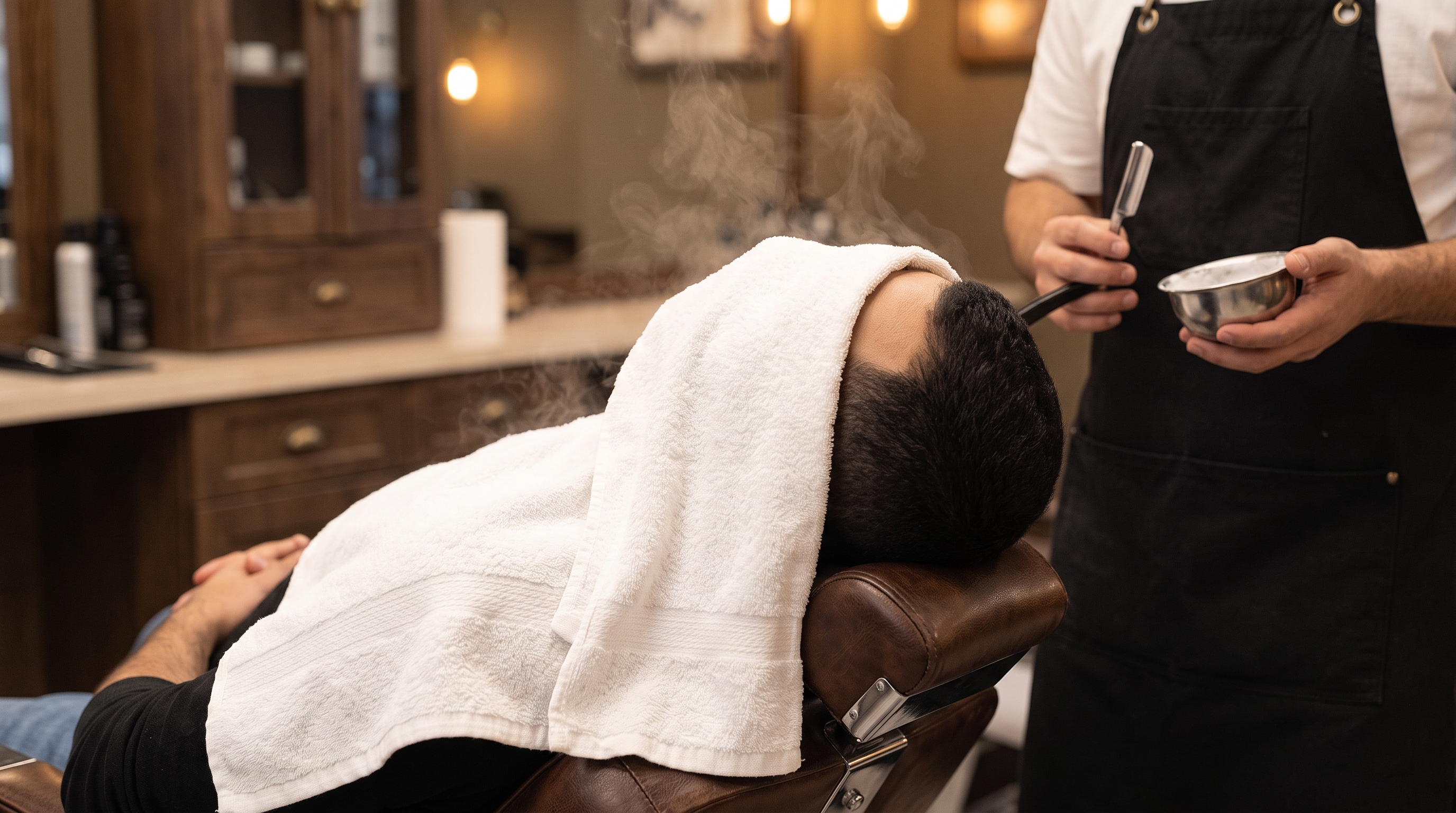 Perfilado y arreglo de barba con navaja y toalla caliente en Barbería Elite